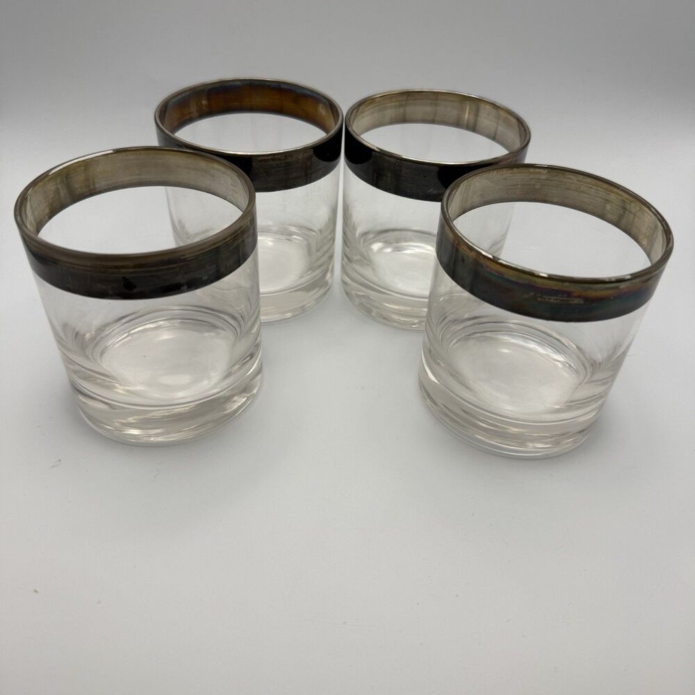 Set 4 Vintage Mid Century Silver Rim Rocks Glasses Whiskey Cocktail Thorpe Style